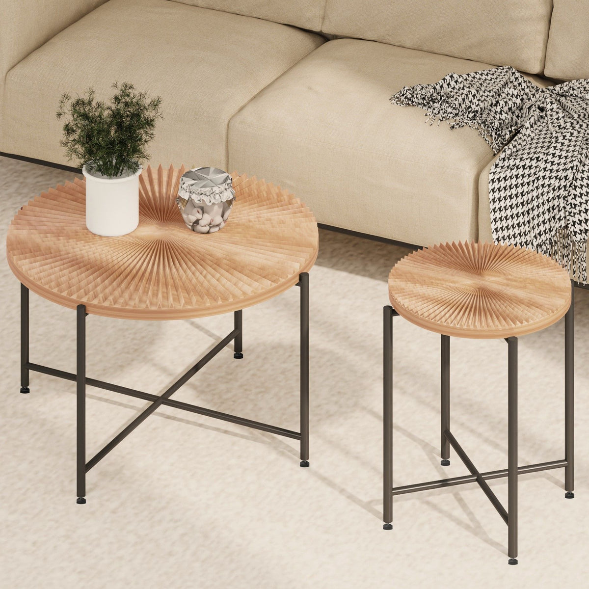 Radial - Pattern Coffee And End Table Set Waterproof Cover, Distressed Cylindrical Design (Set of 2)