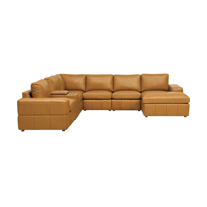 Modular sectional sofa in light brown with large square arms and built-in ottoman sections