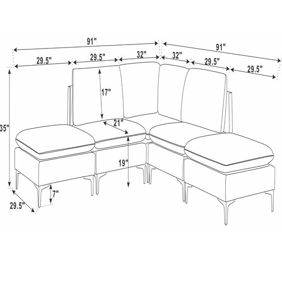 Modular upholstered sectional with tall legs and chaise corner; medium-firm seat diagram
