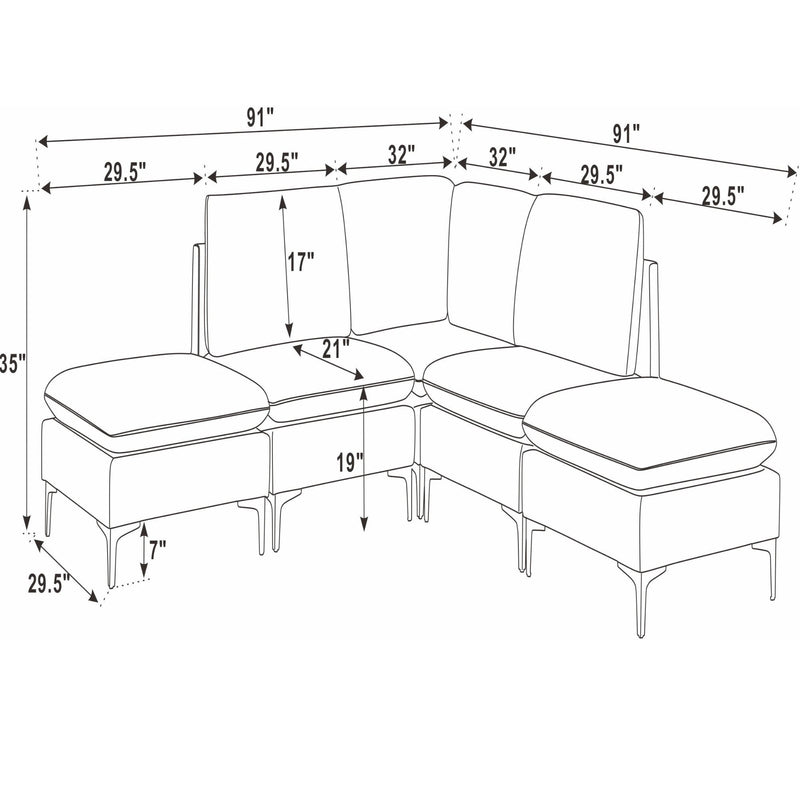 Modular upholstered sectional with tall legs and chaise corner; medium-firm seat diagram