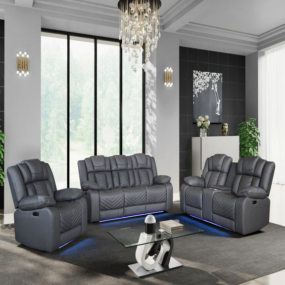 Dark gray reclining loveseat and recliner set with quilted cushions and blue LED base