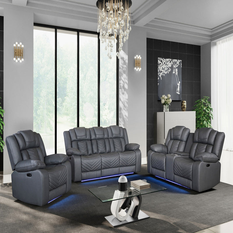 Dark gray reclining loveseat and recliner set with quilted cushions and blue LED base