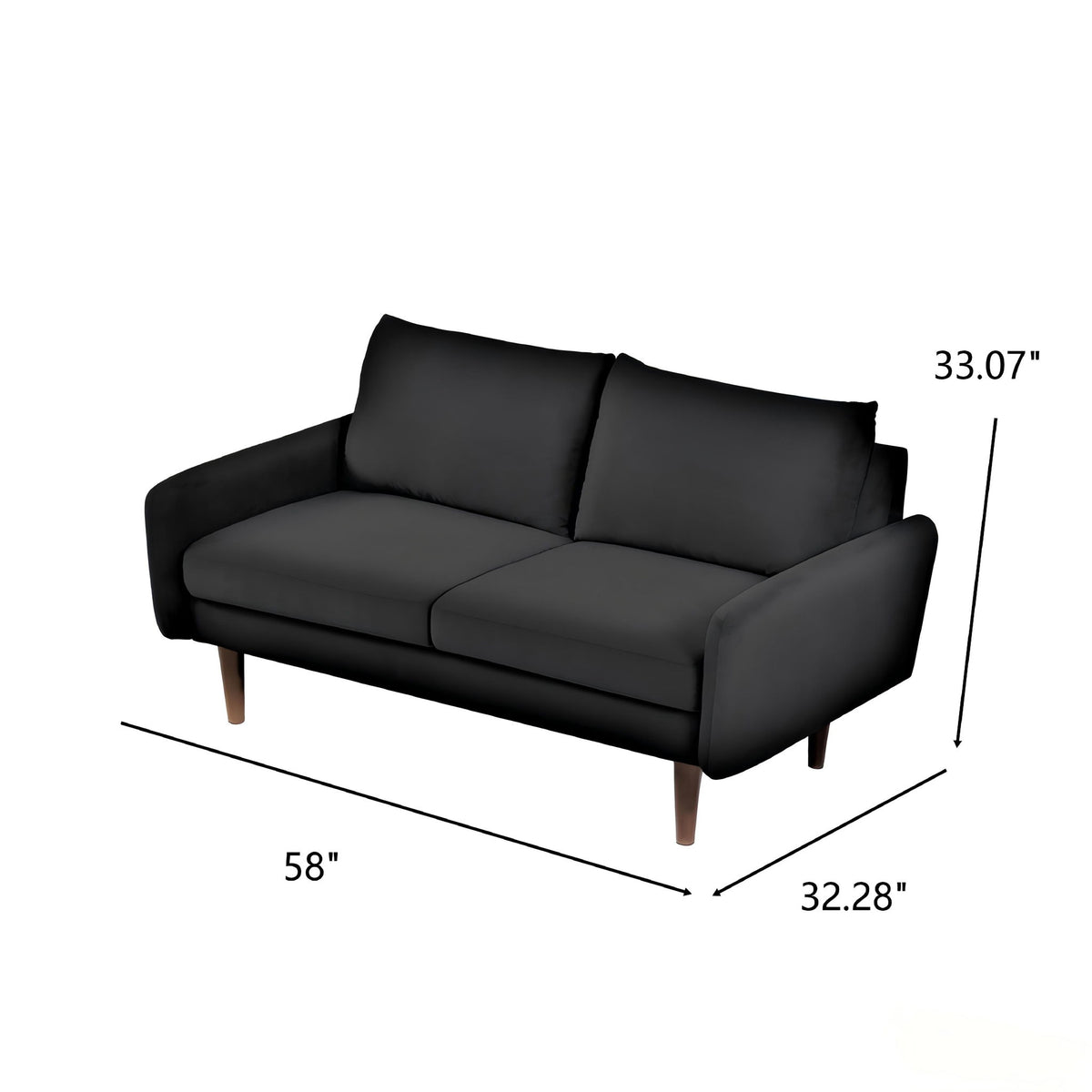 Kent 2-seat loveseat sofa in black upholstery with two seat cushions and wooden legs, 58in