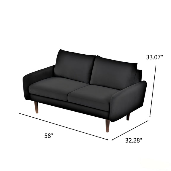 Kent 2-seat loveseat sofa in black upholstery with two seat cushions and wooden legs, 58in