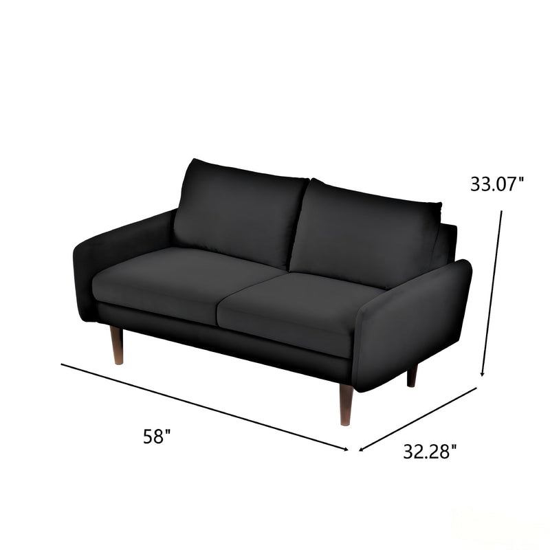 Kent 2-seat loveseat sofa in black upholstery with two seat cushions and wooden legs, 58in