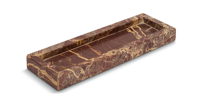 Rectangular dark red marble tray with gold veining and raised rim.