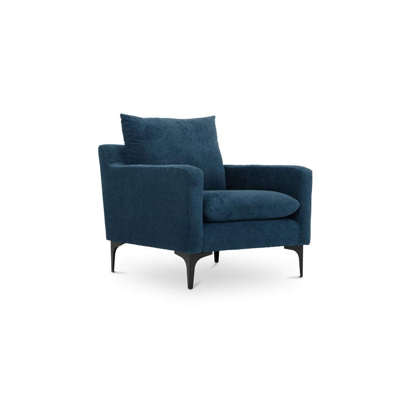 Blue upholstered armchair with backrest cushions, curved arms, and tapered legs