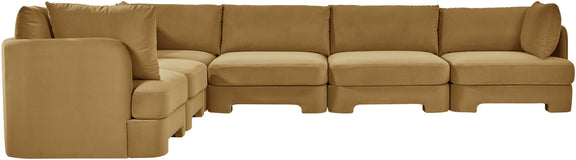 Camel velvet corner sectional sofa with modular seats and squared armrest cushions