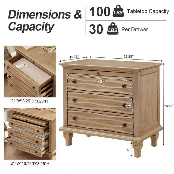 Light brown three-drawer nightstand with dimensions and open drawer views