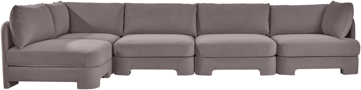 Gray velvet sectional sofa with chaise and modular seat back cushions