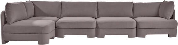 Gray velvet sectional sofa with chaise and modular seat back cushions
