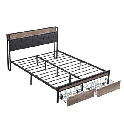 Upholstered headboard bed frame with gray panel, black slat base, underbed storage drawers