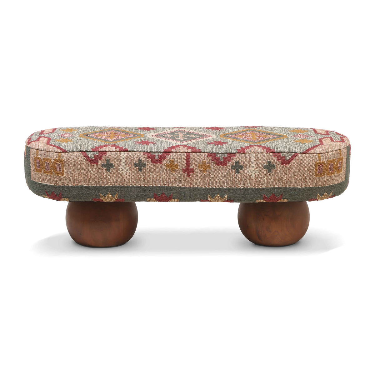 Rizi - Textured Wool Upholstered Bench - Beige / Blue