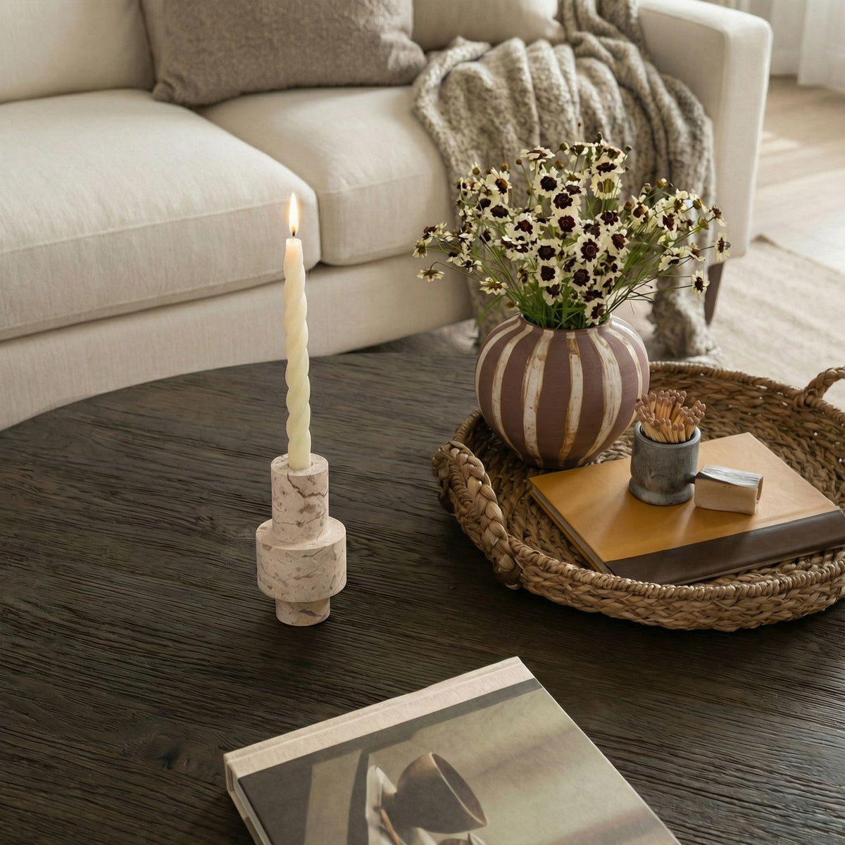 Natural Turned Candle Holder - Travertine