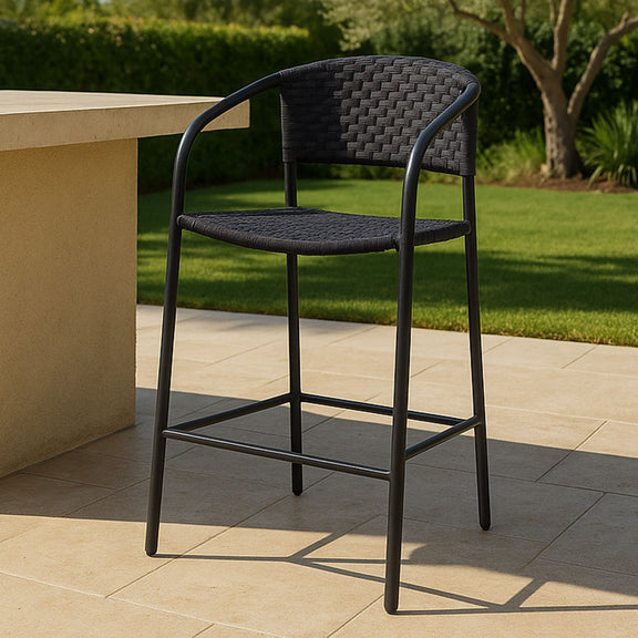 Outdoor counter chair with arched arms, dark woven seat cushion, black metal legs