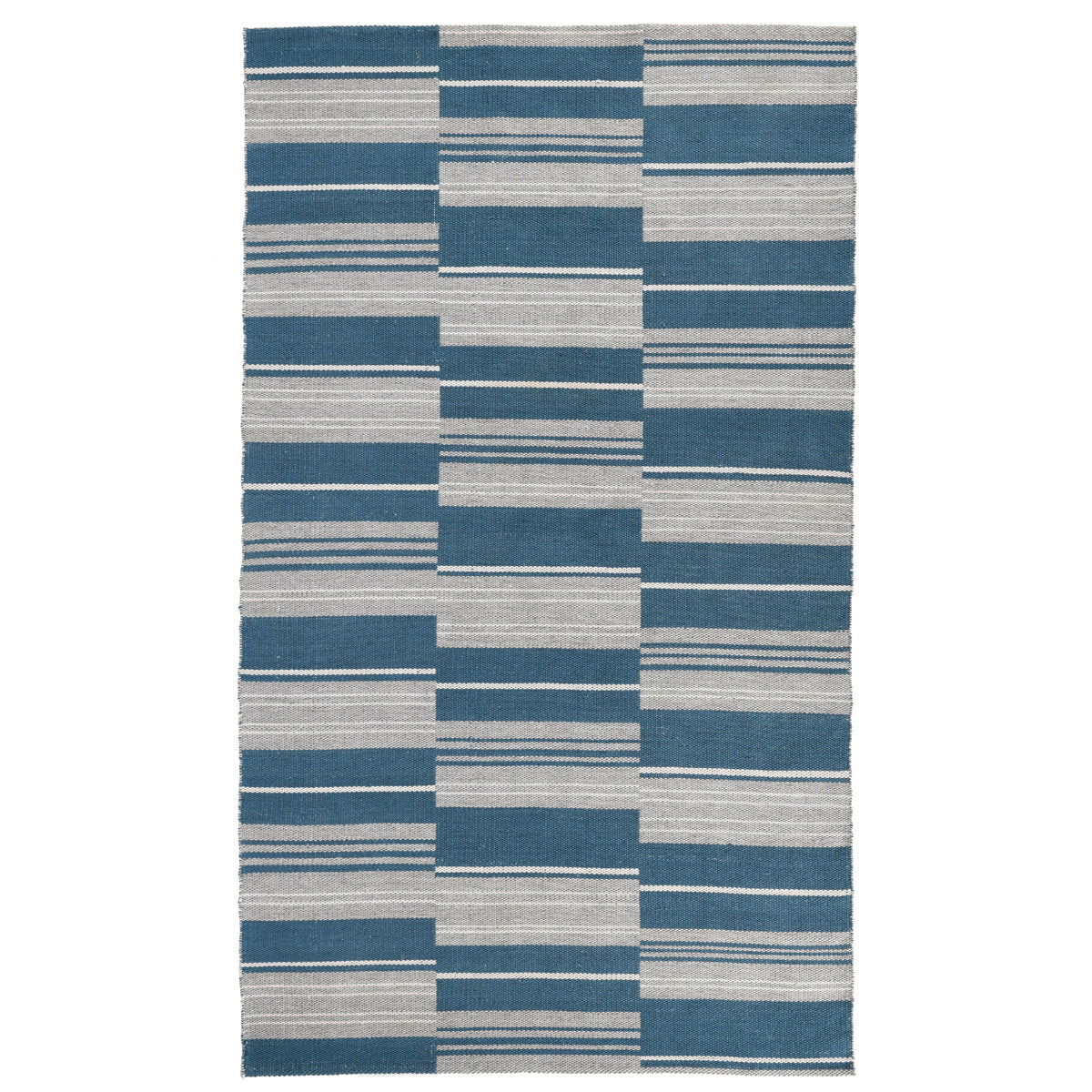 Indoor/outdoor striped patchwork rug with blue, gray, and light gray block pattern
