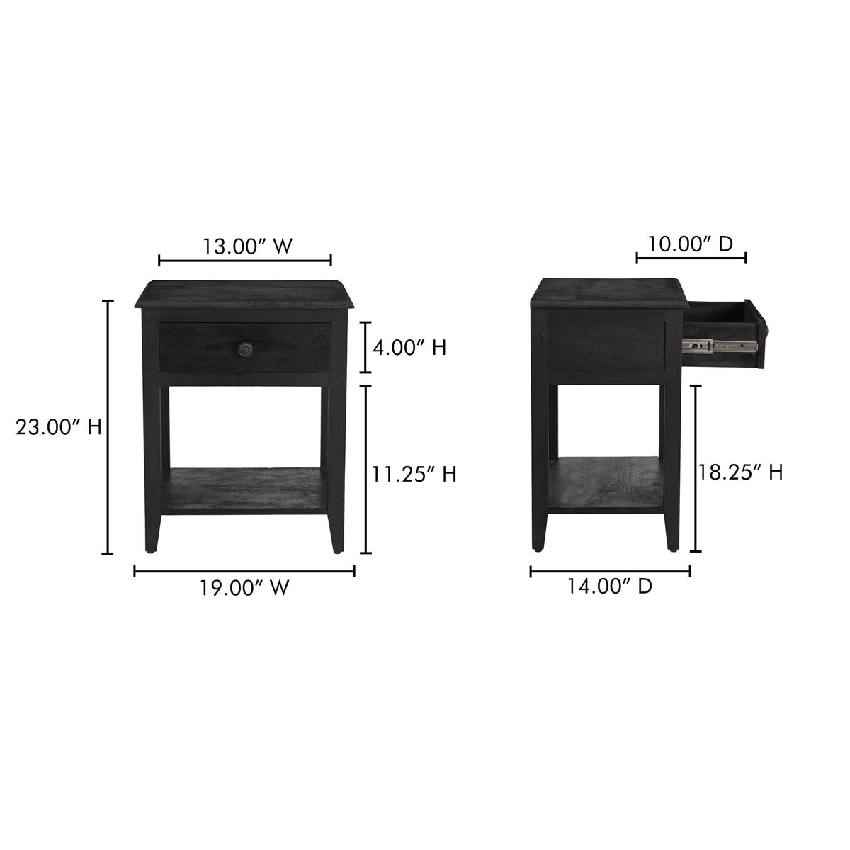 Black nightstand with drawer and open shelf, front and side view with measurements