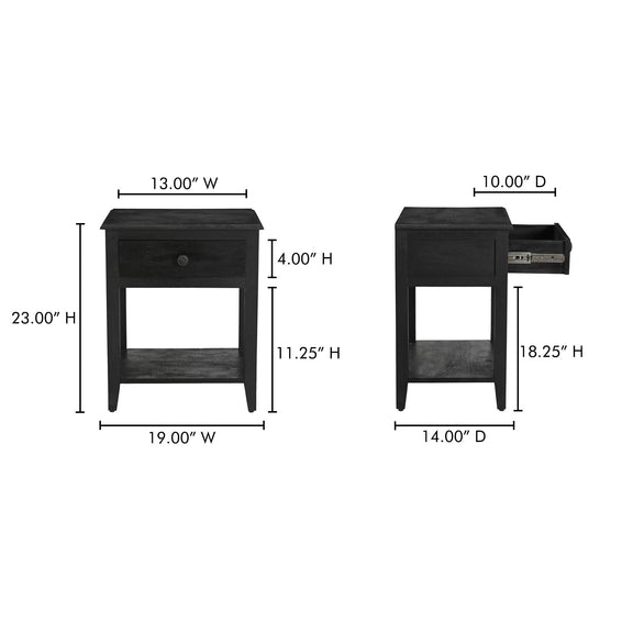 Black nightstand with drawer and open shelf, front and side view with measurements