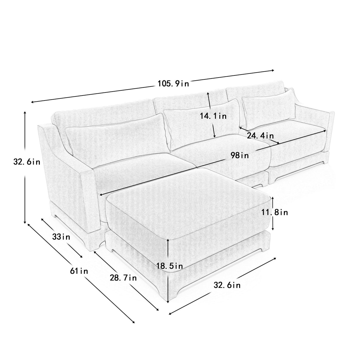 Stylish Sofa With Ottoman And Lumbar Pillows, Ergonomic Design