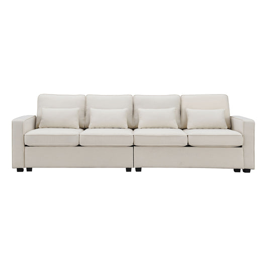 4 Seater Modern Linen Sofa With Armrest Pockets And 4 Pillows, Minimalist Style Couch For Living Room