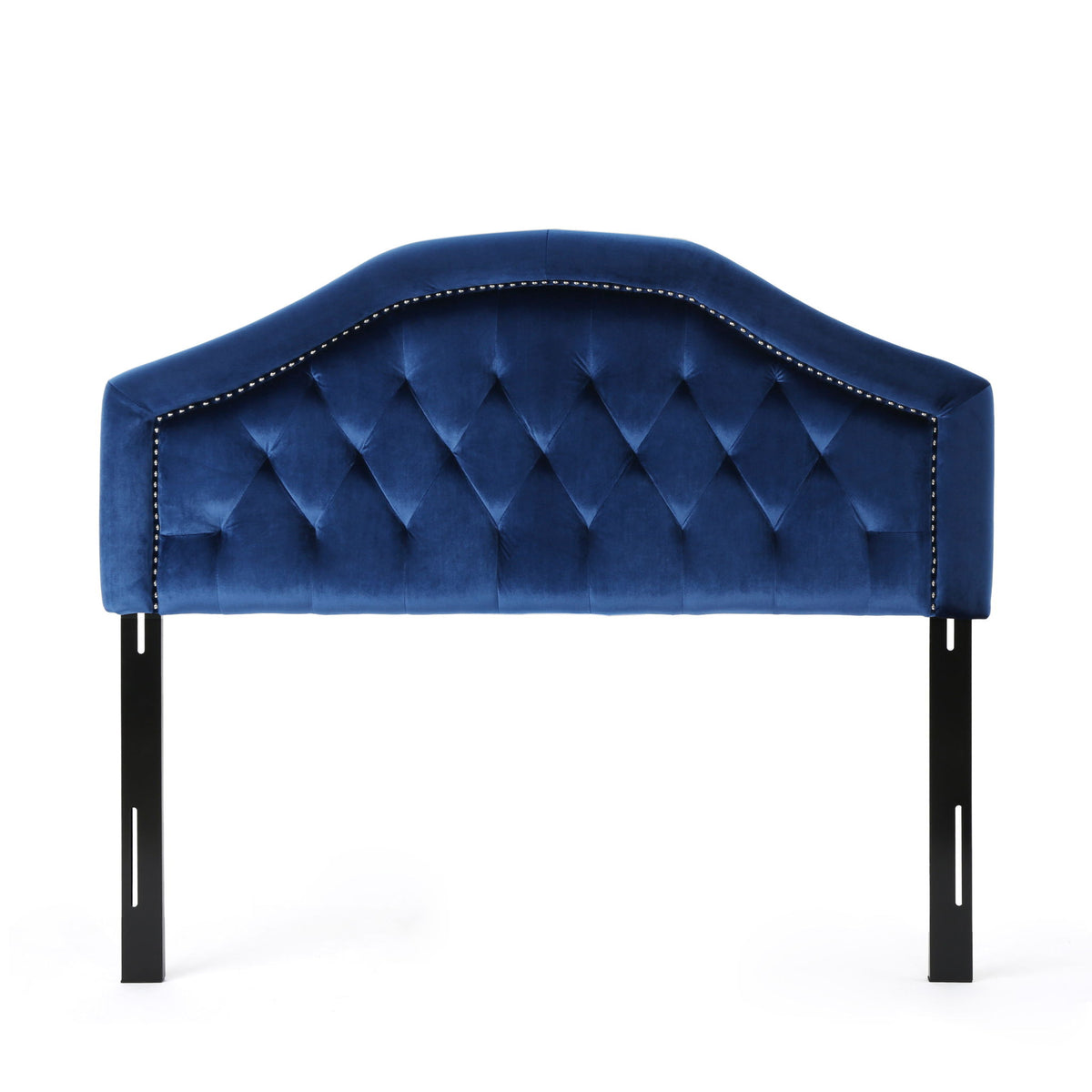 Blue tufted fabric headboard with curved top, dark legs, and stitched edge trim.