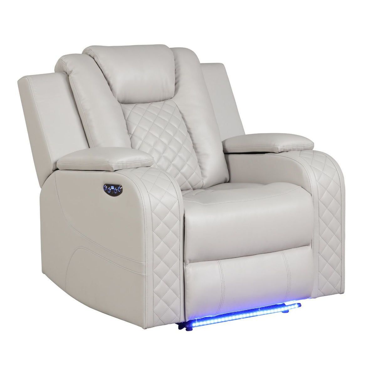 Beige power recliner chair with adjustable headrest, diamond-quilted design, and built-in LED.