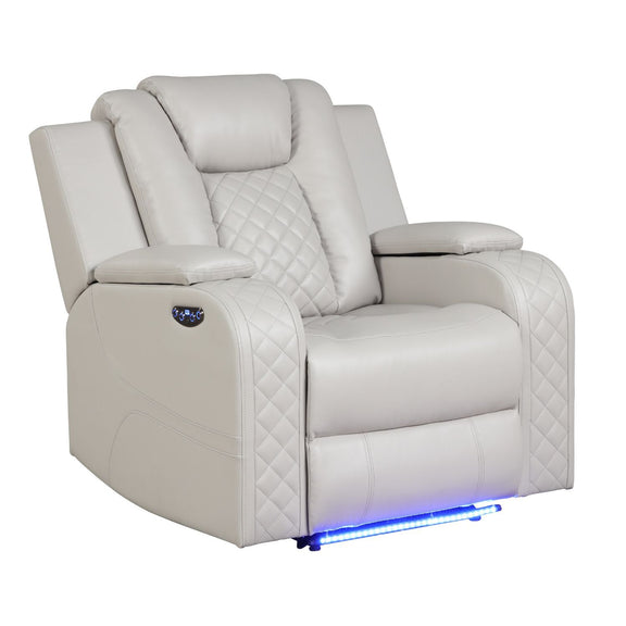 Beige power recliner chair with adjustable headrest, diamond-quilted design, and built-in LED.