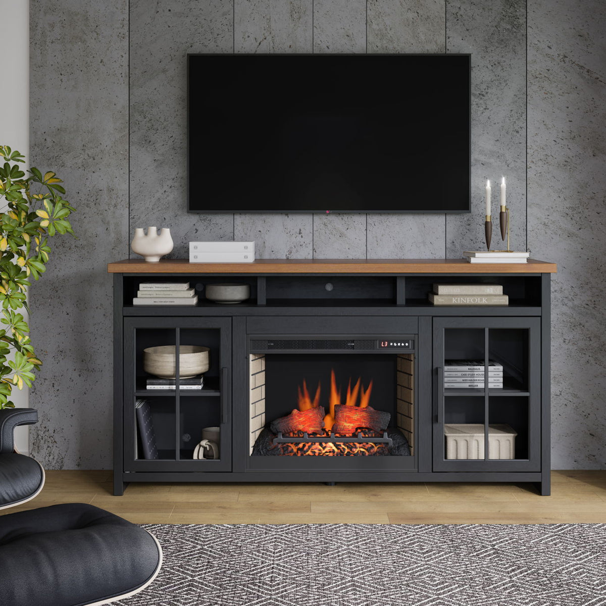 Essex - Fireplace TV Stand Console For TVs Up To 85" - Black, Whiskey
