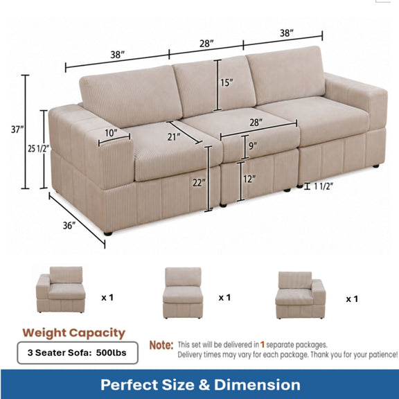 Beige modular sectional sofa with measurements and three separate seat modules shown