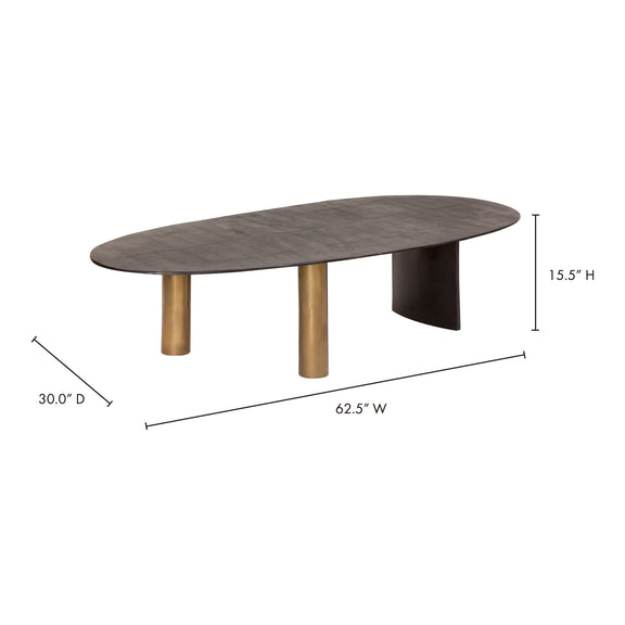 Brown oval coffee table with dark tabletop, gold legs, and curved side cutout