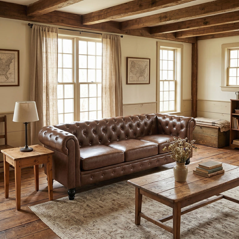 Dark brown tufted sofa with rolled arms and three cushions, shown in a living room.