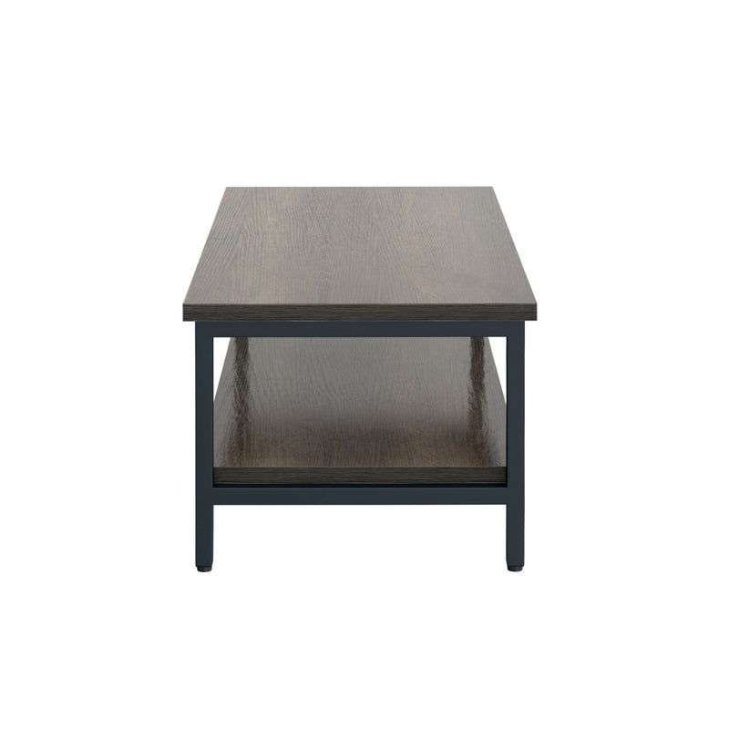 Brown solid wood coffee table with front opening and lower display shelf