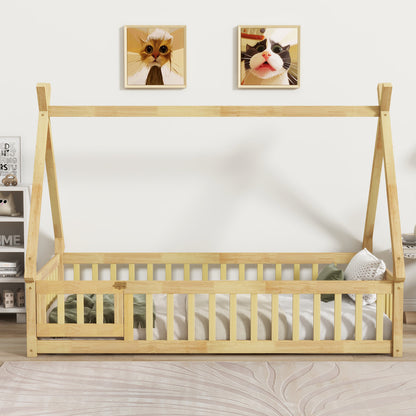 Natural wood twin teepee-style floor bed frame with guardrails and slatted sides