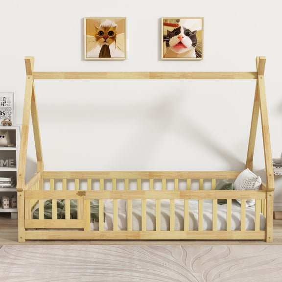 Natural wood twin teepee-style floor bed frame with guardrails and slatted sides