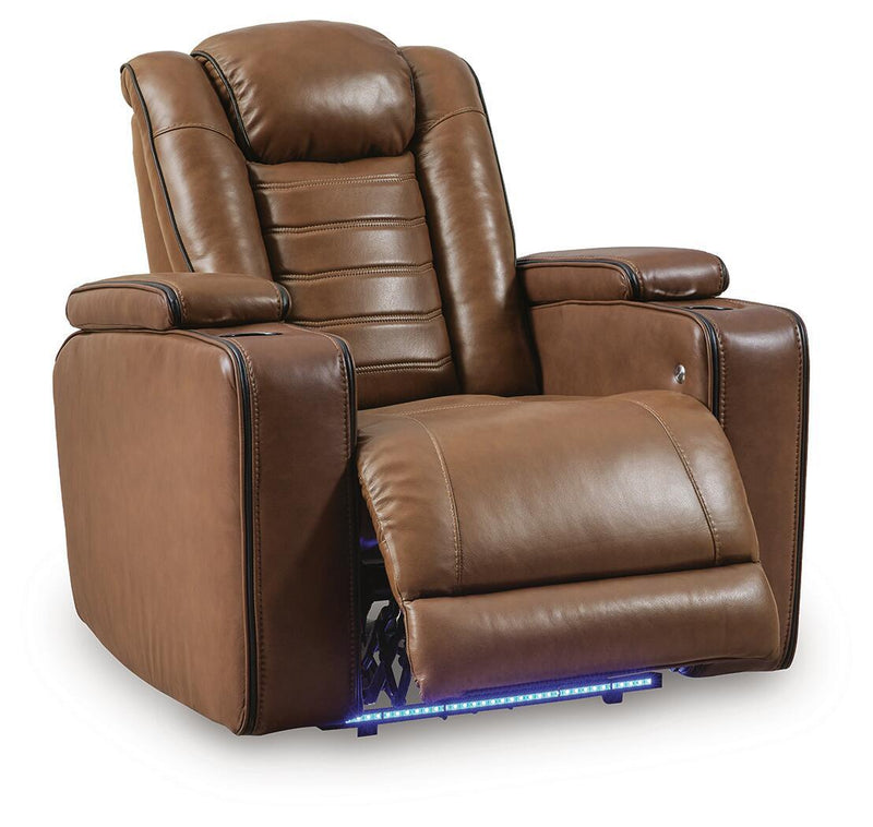 Amber power recliner with adjustable headrest, reclined with extended footrest