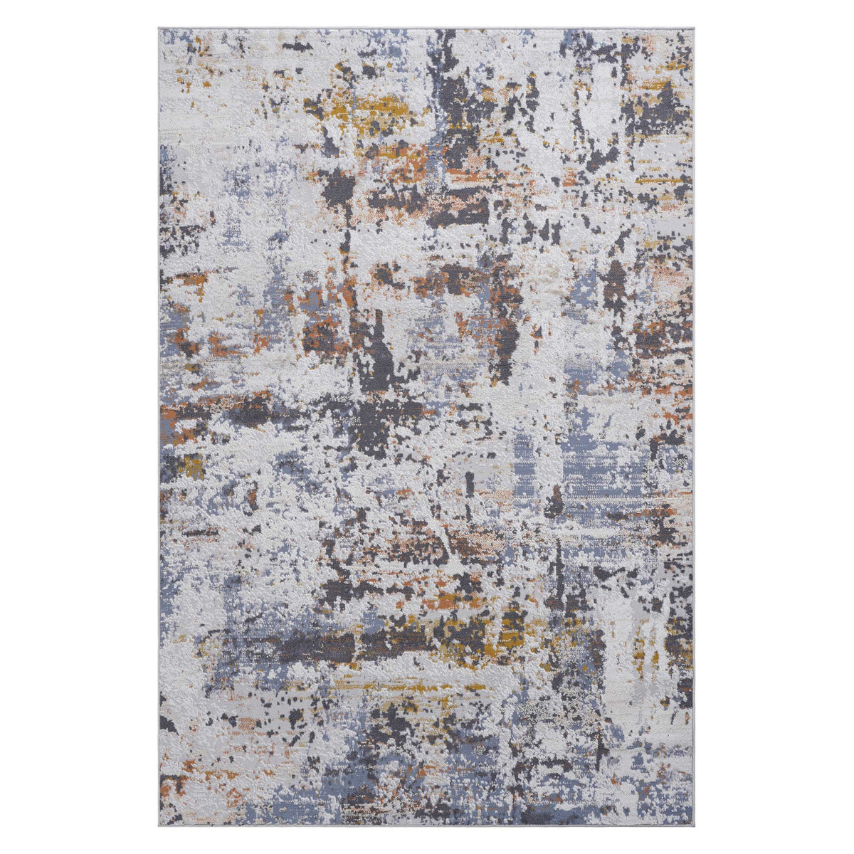 Ivory and blue abstract area rug with distressed grid-like square pattern