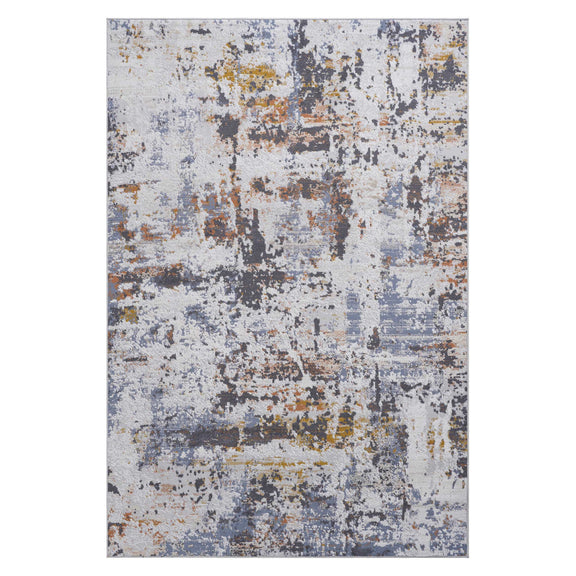 Ivory and blue abstract area rug with distressed grid-like square pattern