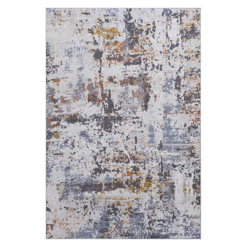 Ivory and blue abstract area rug with distressed grid-like square pattern