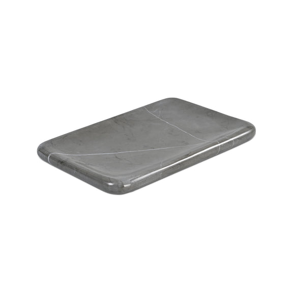 Gray marble catchall tray with white veining and rounded edges