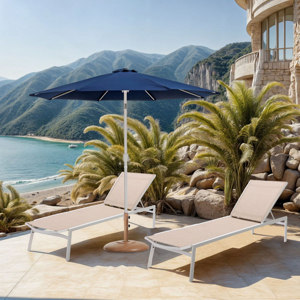 Fiji - Aluminum Patio Umbrella With Round Teak And White Base