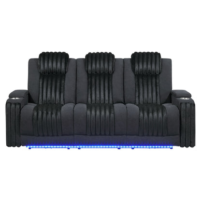 Power reclining sofa with power headrests, dark gray/black upholstered cushions