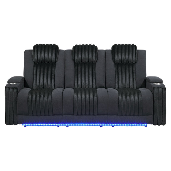 Power reclining sofa with power headrests, dark gray/black upholstered cushions