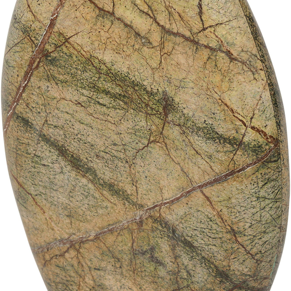 Multicolor marble vase with green and tan veining and dark opening, angled tapered shape.