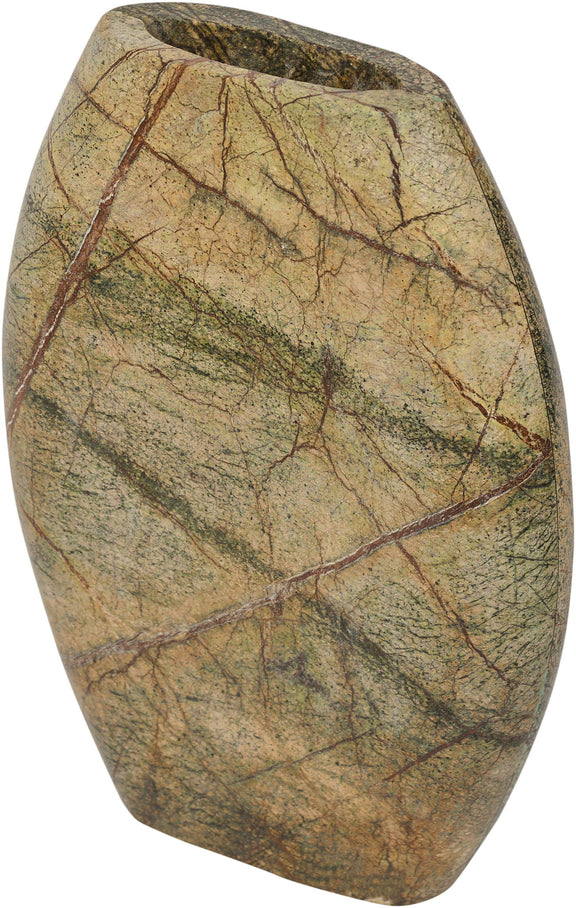 Multicolor marble vase with green and tan veining and dark opening, angled tapered shape.