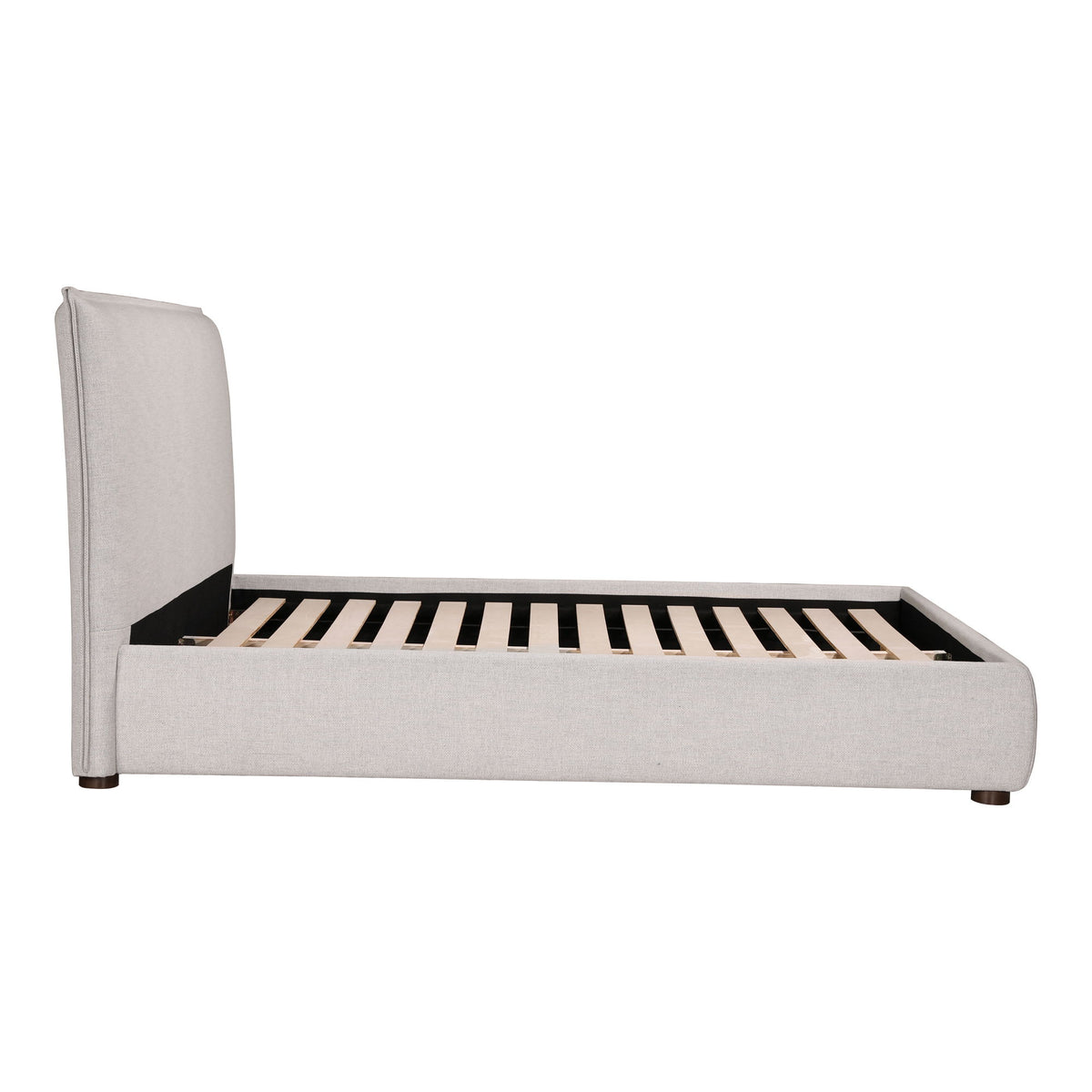 Light gray upholstered queen bed with vertical headboard and wooden slat base