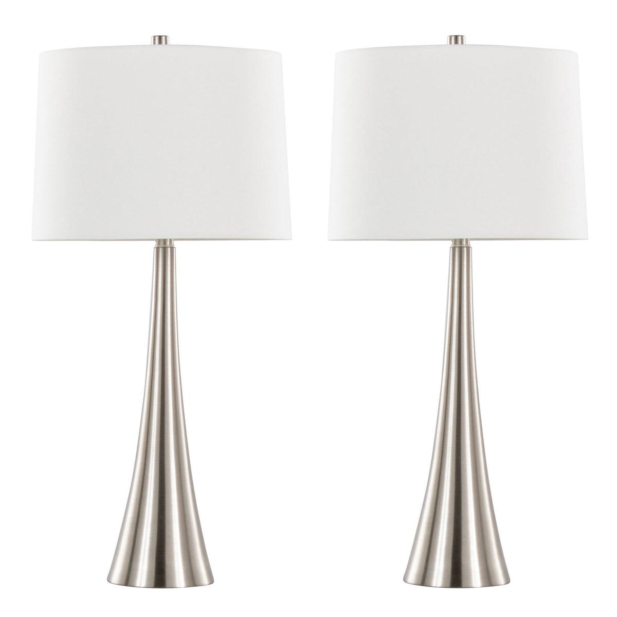 Set of 2 table lamps with white fabric shades and silver tapered bases