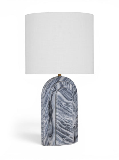 Table lamp with white fabric shade and blue-gray marble-look base