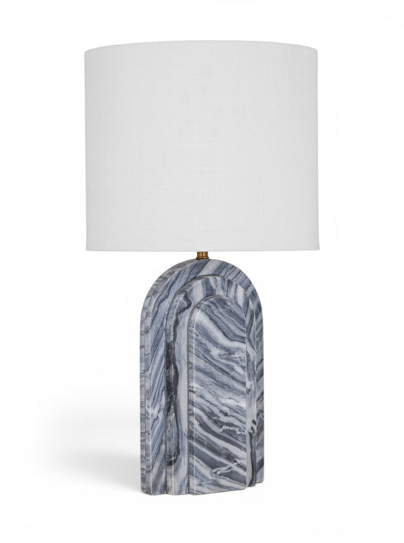 Table lamp with white fabric shade and blue-gray marble-look base