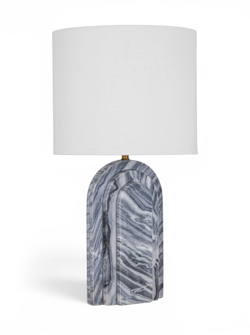 Table lamp with white fabric shade and blue-gray marble-look base