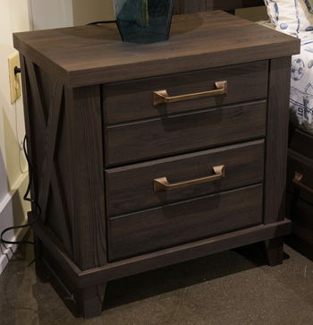 Dark brown two-drawer nightstand with two rectangular drawers and gold-tone pull handles